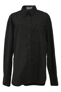 Black organic cotton poplin Lui two-piece lounge set featuring spread collar shirt and pull-on wide-leg shorts
