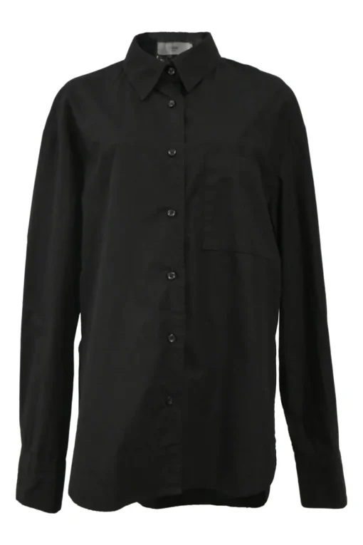 Black organic cotton poplin Lui two-piece lounge set featuring spread collar shirt and pull-on wide-leg shorts