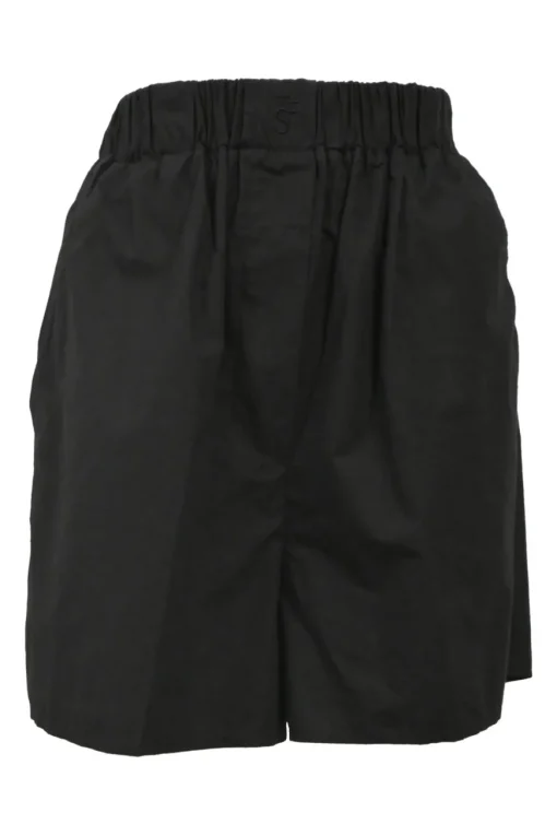 Black organic cotton poplin Lui two-piece lounge set featuring spread collar shirt and pull-on wide-leg shorts