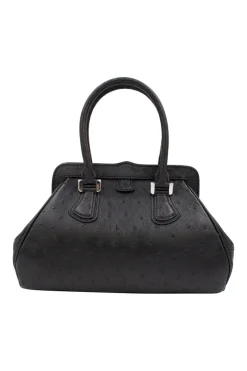 Black ostrich leather shoulder bag with clutch style opening