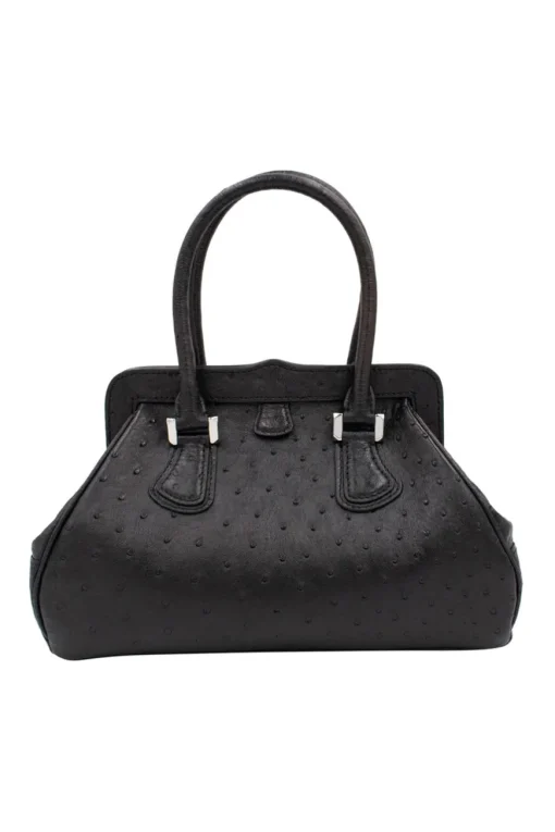 Black ostrich leather shoulder bag with clutch style opening
