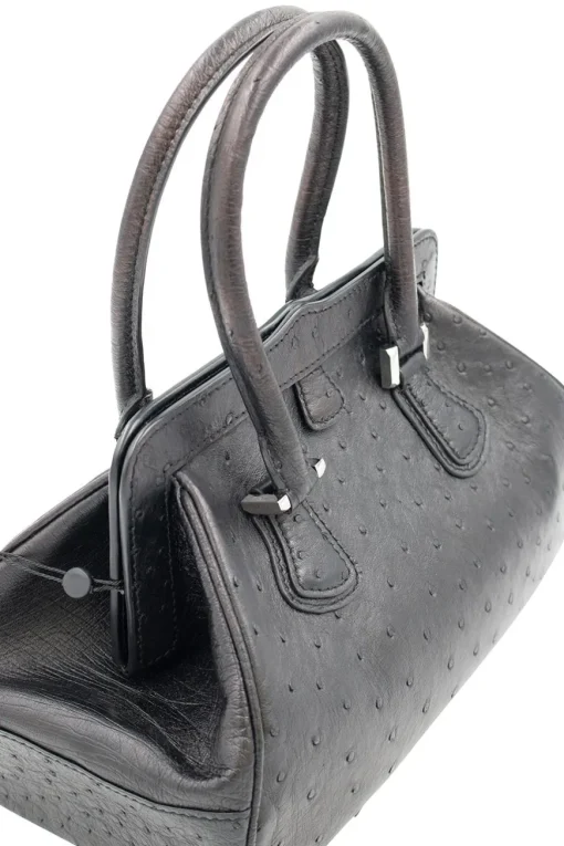 Black ostrich leather shoulder bag with clutch style opening