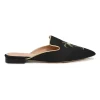 Black palm-embroidered satin and leather pointed-toe slip-on mules