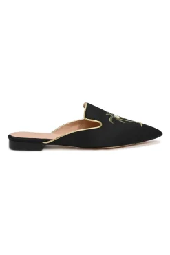 Black palm-embroidered satin and leather pointed-toe slip-on mules