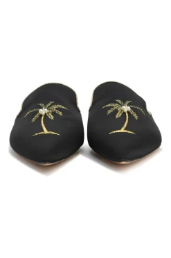 Black palm-embroidered satin and leather pointed-toe slip-on mules
