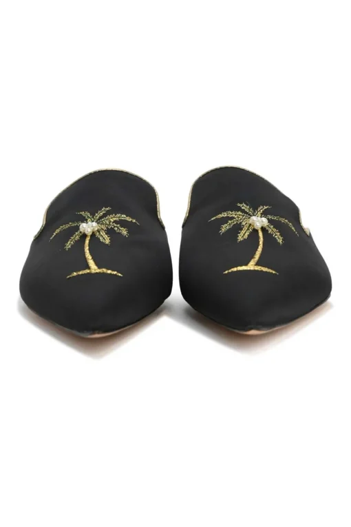 Black palm-embroidered satin and leather pointed-toe slip-on mules