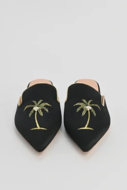 Black palm-embroidered satin and leather pointed-toe slip-on mules