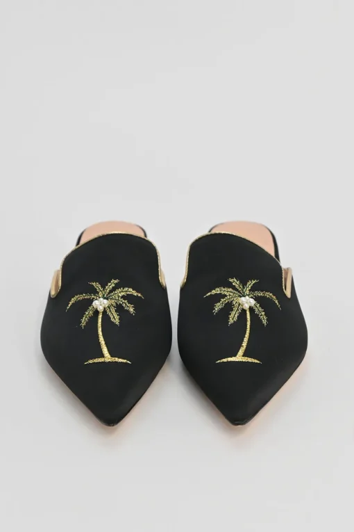 Black palm-embroidered satin and leather pointed-toe slip-on mules