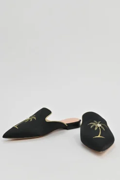Black palm-embroidered satin and leather pointed-toe slip-on mules