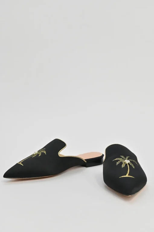 Black palm-embroidered satin and leather pointed-toe slip-on mules