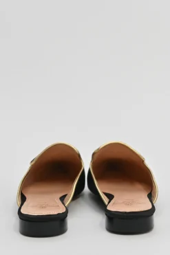 Black palm-embroidered satin and leather pointed-toe slip-on mules