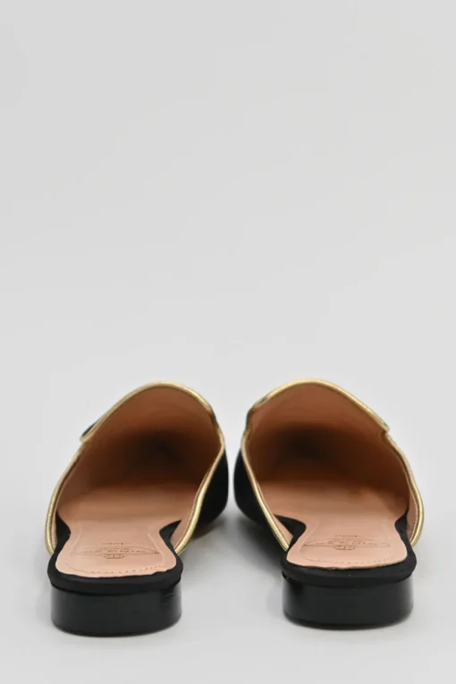 Black palm-embroidered satin and leather pointed-toe slip-on mules