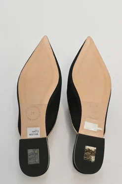 Black palm-embroidered satin and leather pointed-toe slip-on mules