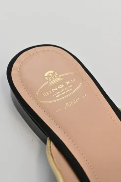 Black palm-embroidered satin and leather pointed-toe slip-on mules