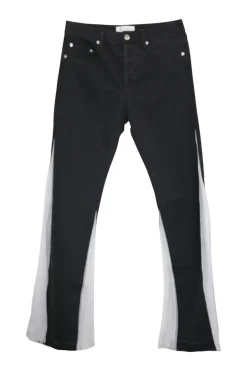 Black paneled cotton denim mid-rise five-pocket flared jeans with contrasting leg inserts