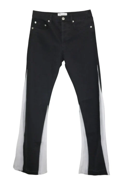 Black paneled cotton denim mid-rise five-pocket flared jeans with contrasting leg inserts