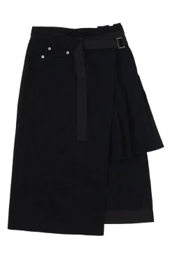 Black paneled cotton denim wrap-front apron-style midi skirt with plissé hip insert