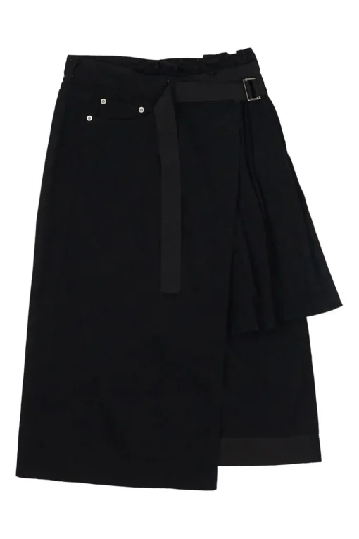 Black paneled cotton denim wrap-front apron-style midi skirt with plissé hip insert