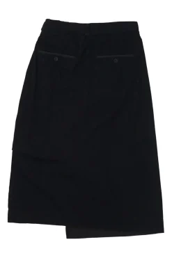 Black paneled cotton denim wrap-front apron-style midi skirt with plissé hip insert