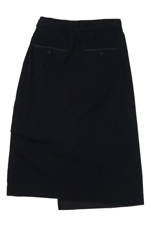 Black paneled cotton denim wrap-front apron-style midi skirt with plissé hip insert
