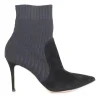 Black paneled fabric and suede and rib knit pull-on Katie pointed toe ankle boots