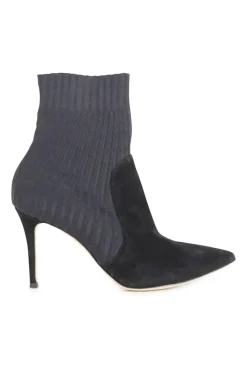 Black paneled fabric and suede and rib knit pull-on Katie pointed toe ankle boots