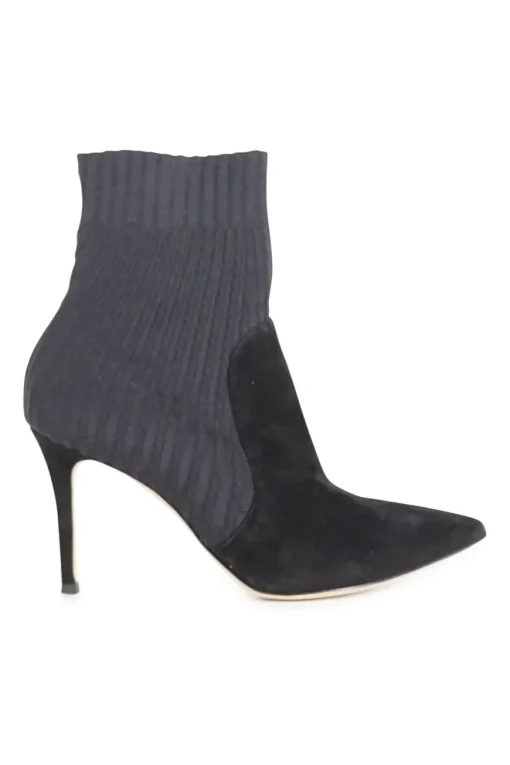 Black paneled fabric and suede and rib knit pull-on Katie pointed toe ankle boots