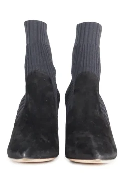 Black paneled fabric and suede and rib knit pull-on Katie pointed toe ankle boots