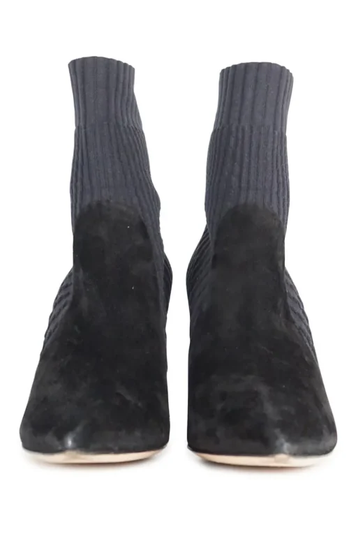 Black paneled fabric and suede and rib knit pull-on Katie pointed toe ankle boots
