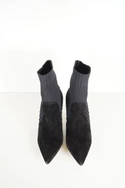 Black paneled fabric and suede and rib knit pull-on Katie pointed toe ankle boots