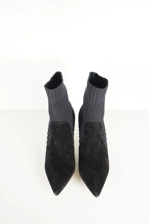 Black paneled fabric and suede and rib knit pull-on Katie pointed toe ankle boots