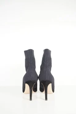 Black paneled fabric and suede and rib knit pull-on Katie pointed toe ankle boots