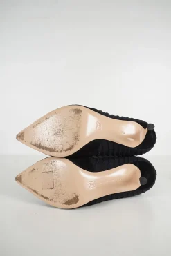 Black paneled fabric and suede and rib knit pull-on Katie pointed toe ankle boots