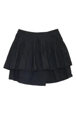 Black paneled floral-embroidered cotton tiered A-line mini skirt with pleated waistband details