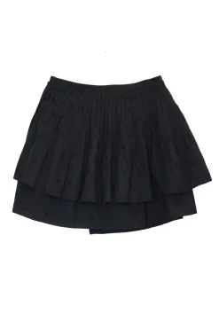 Black paneled floral-embroidered cotton tiered A-line mini skirt with pleated waistband details