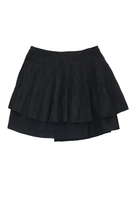 Black paneled floral-embroidered cotton tiered A-line mini skirt with pleated waistband details