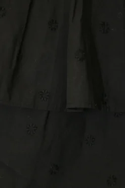 Black paneled floral-embroidered cotton tiered A-line mini skirt with pleated waistband details