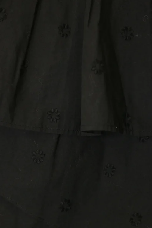 Black paneled floral-embroidered cotton tiered A-line mini skirt with pleated waistband details