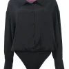 Black paneled Kura spread collar half-button shirt thong bodysuit