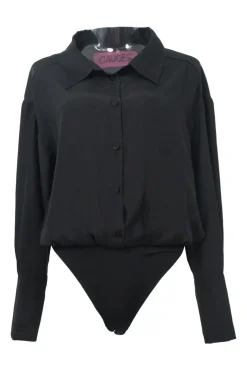 Black paneled Kura spread collar half-button shirt thong bodysuit