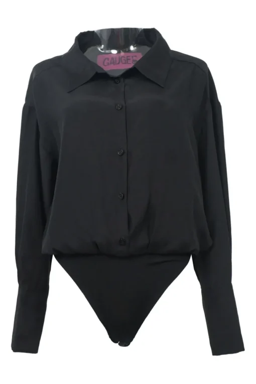Black paneled Kura spread collar half-button shirt thong bodysuit