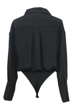 Black paneled Kura spread collar half-button shirt thong bodysuit