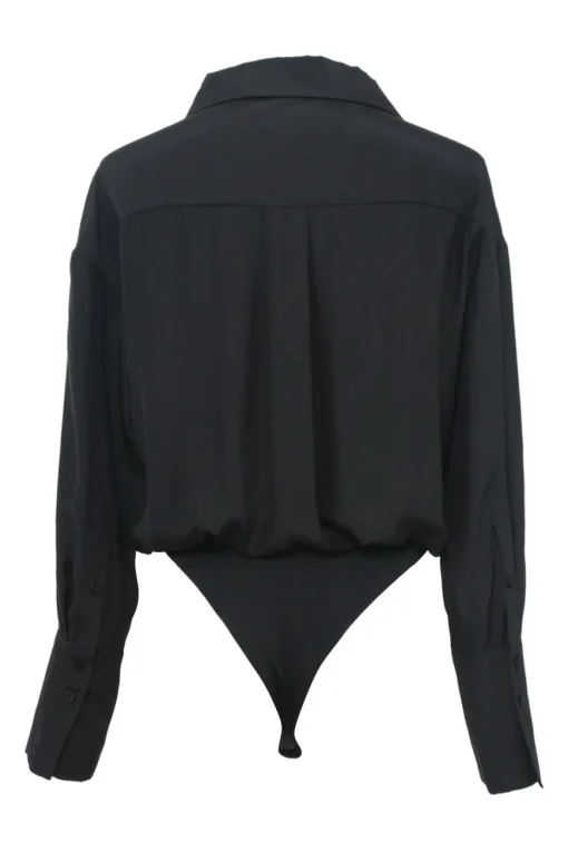 Black paneled Kura spread collar half-button shirt thong bodysuit