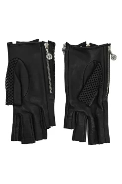 Black paneled laser-cut nappa leather fingerless convertible biker gloves