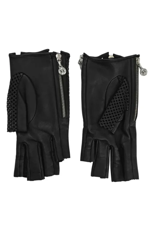 Black paneled laser-cut nappa leather fingerless convertible biker gloves