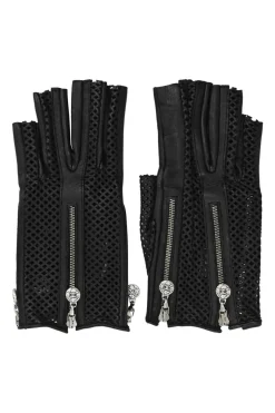 Black paneled laser-cut nappa leather fingerless convertible biker gloves