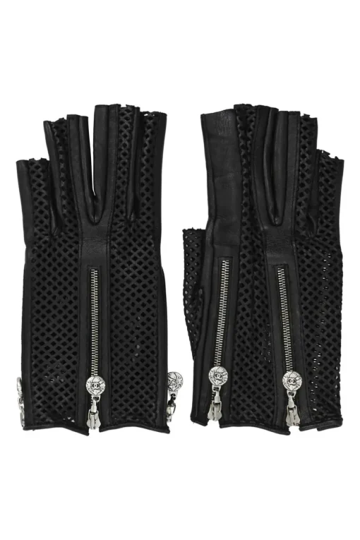 Black paneled laser-cut nappa leather fingerless convertible biker gloves