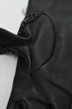 Black paneled laser-cut nappa leather fingerless convertible biker gloves