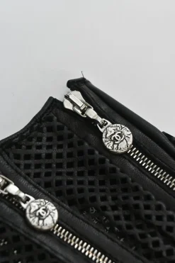 Black paneled laser-cut nappa leather fingerless convertible biker gloves