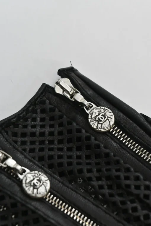 Black paneled laser-cut nappa leather fingerless convertible biker gloves